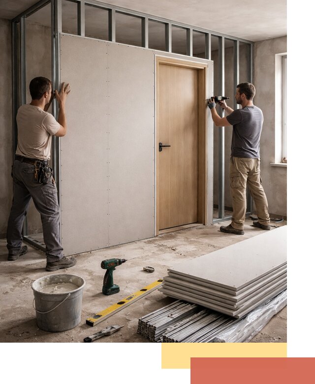 Перегородка из гипсокартона с дверью под ключ в Карталах