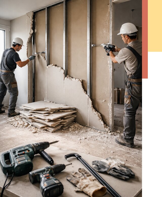 Демонтаж перегородки из гипсокартона в Карталах от 1252 руб. быстро и недорого | ОТДЕЛОЧНИК-Крт