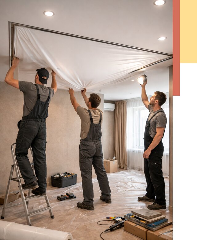 Монтаж ПВХ натяжного потолка в Карталах от 3651 руб. под ключ | ОТДЕЛОЧНИК-Крт