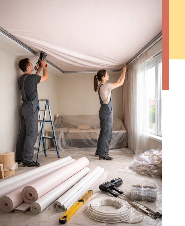 Монтаж цветного натяжного потолка в Карталах от 4381 руб/м² — быстро и недорого | ОТДЕЛОЧНИК-Крт