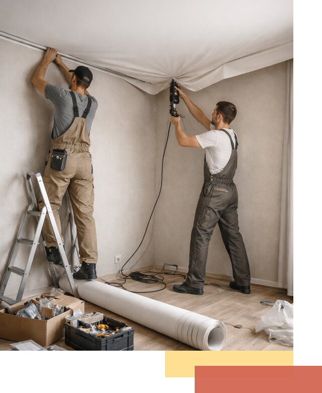 Монтаж цветного натяжного потолка в Карталах за один день