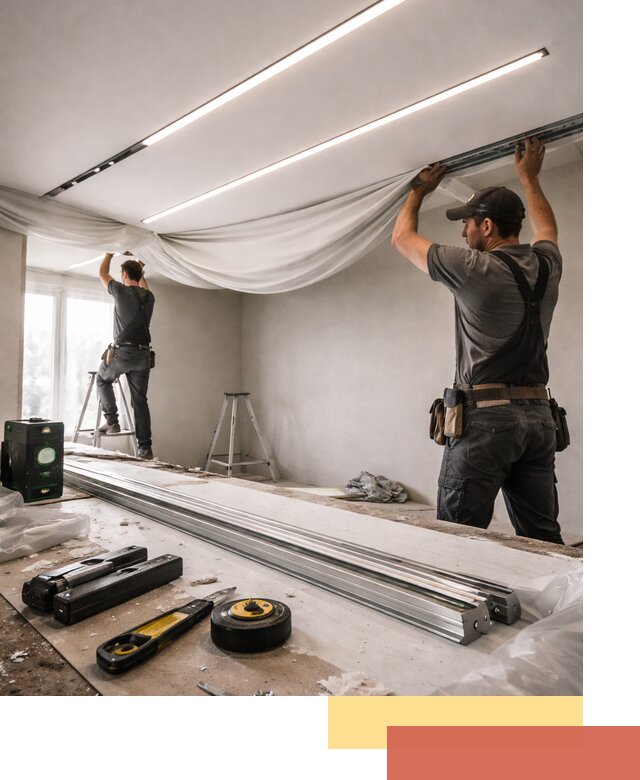 Монтаж натяжных потолков со световыми линиями в Карталах