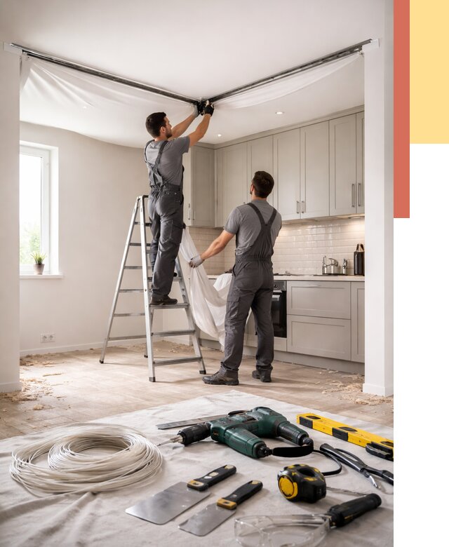 Установка натяжного потолка на кухне в Карталах от 2503 руб. | ОТДЕЛОЧНИК-Крт