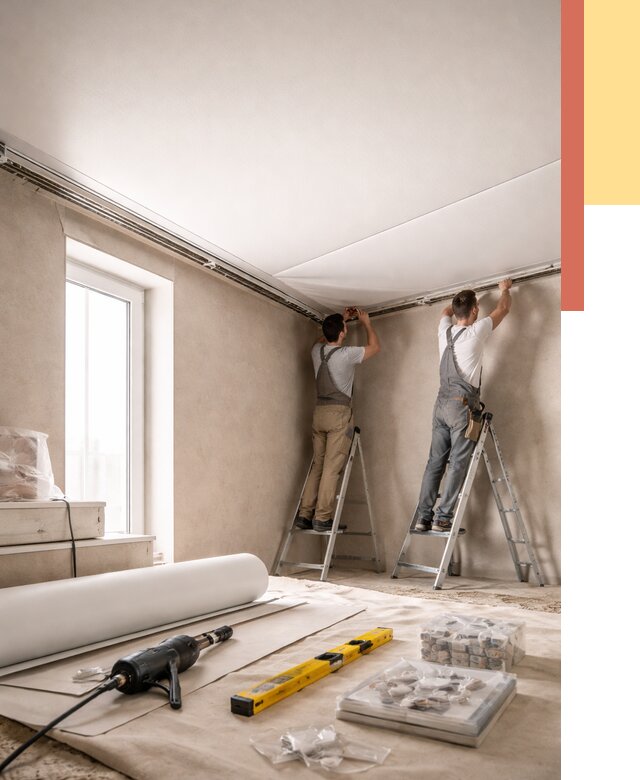 Монтаж натяжного потолка в спальне в Карталах от 3964 руб. под ключ | ОТДЕЛОЧНИК-Крт