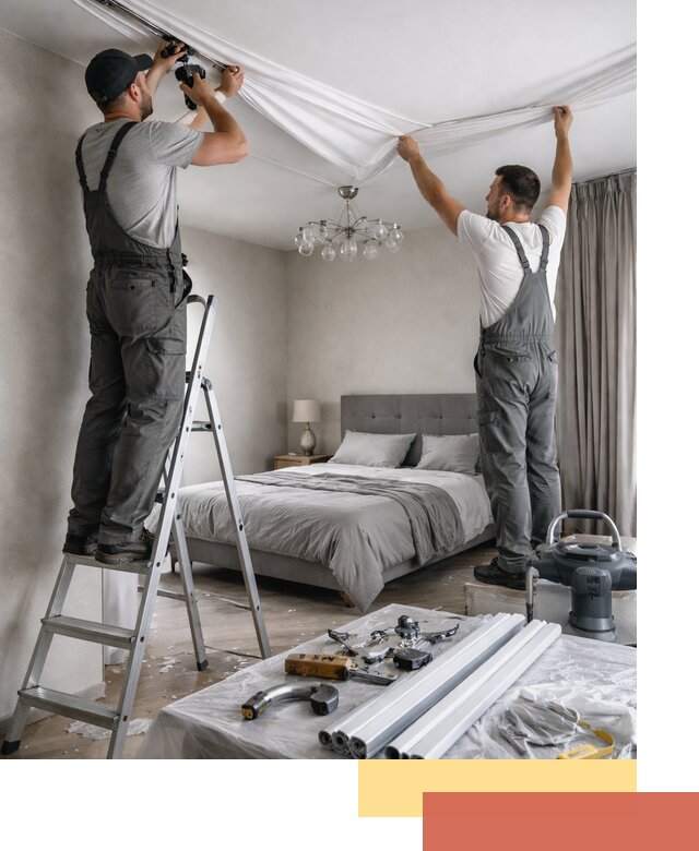 Монтаж натяжного потолка в спальне в Карталах