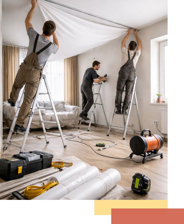 Монтаж натяжного потолка в гостиной в Карталах