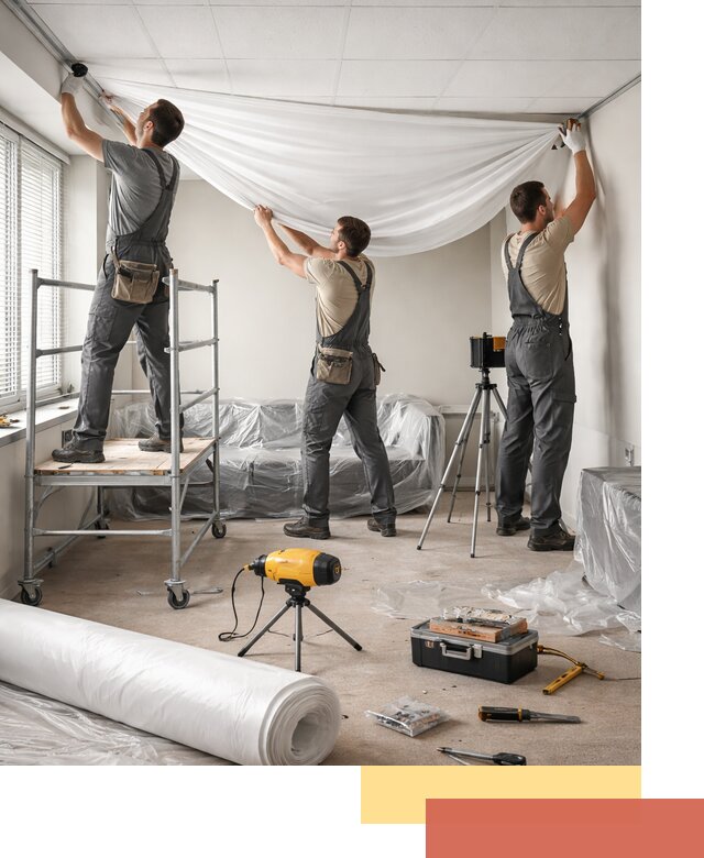 Монтаж натяжного потолка в офисе в Карталах