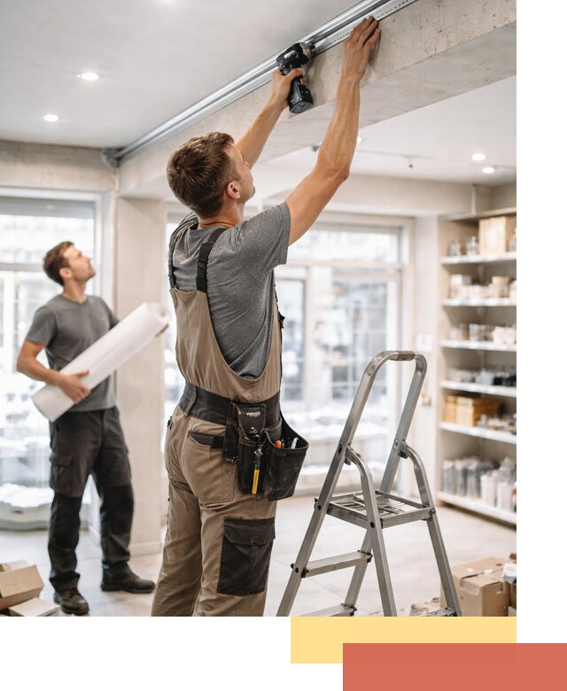 Монтаж натяжных потолков в магазине в Карталах