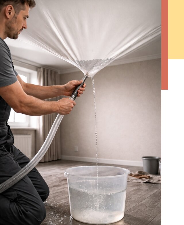 Слив воды с натяжного потолка в Карталах от 2608 руб. быстро и недорого | ОТДЕЛОЧНИК-Крт