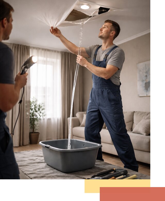 Слив воды с натяжного потолка в Карталах быстро и аккуратно