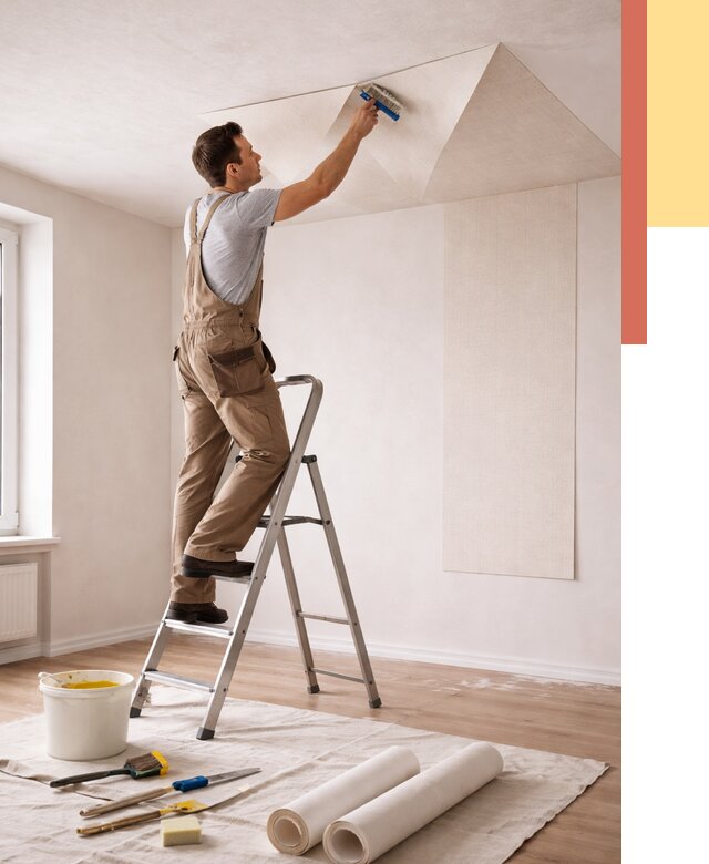 Поклейка обоев на потолок в Карталах от 4694 руб. быстро и недорого | ОТДЕЛОЧНИК-Крт